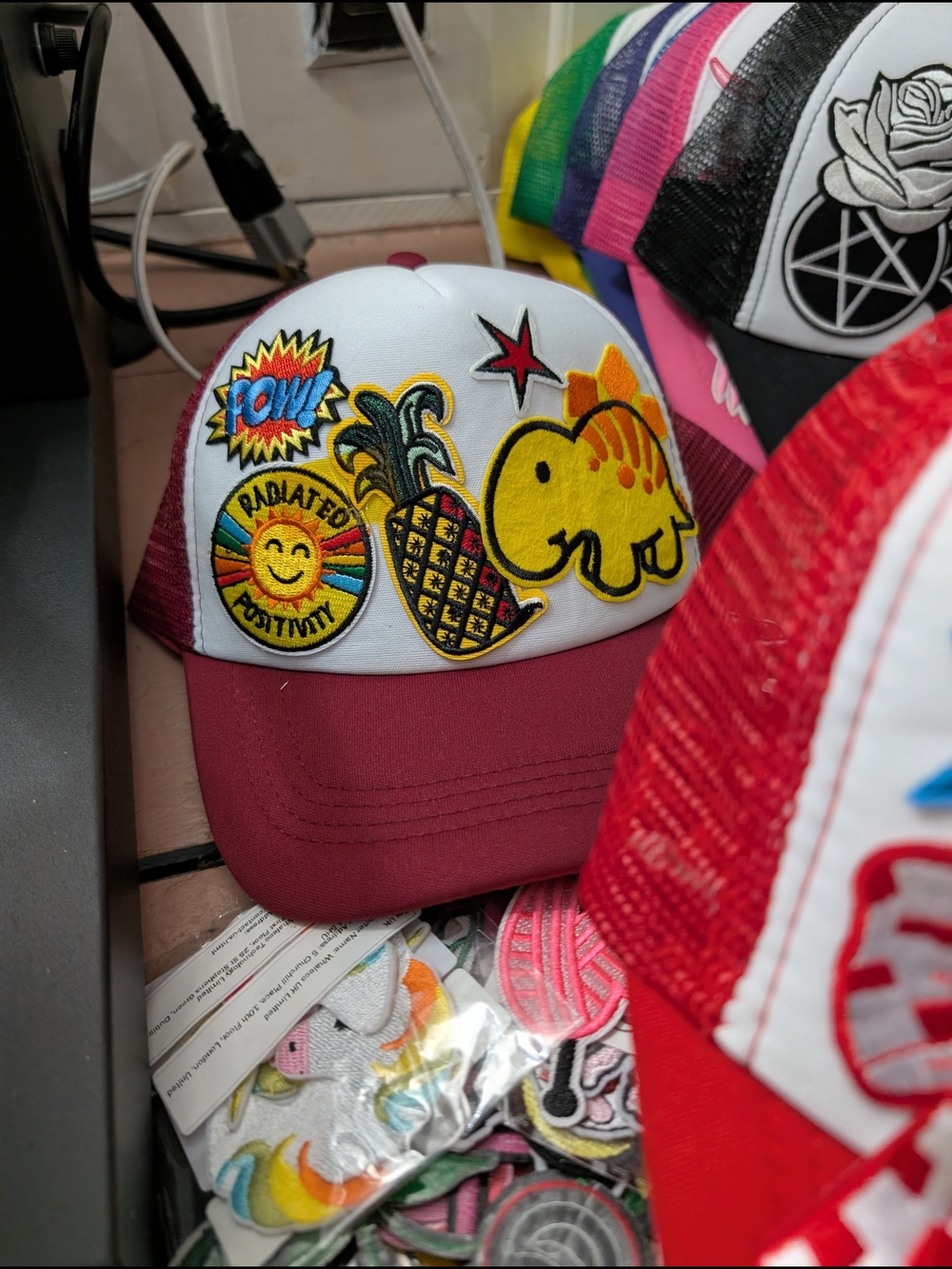 Maroon and White Trucker Hat with Pineapple & Dinos Patch